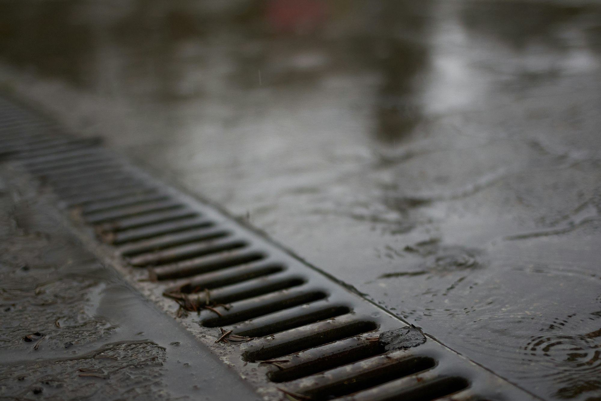 Ralo de rua com água da chuva